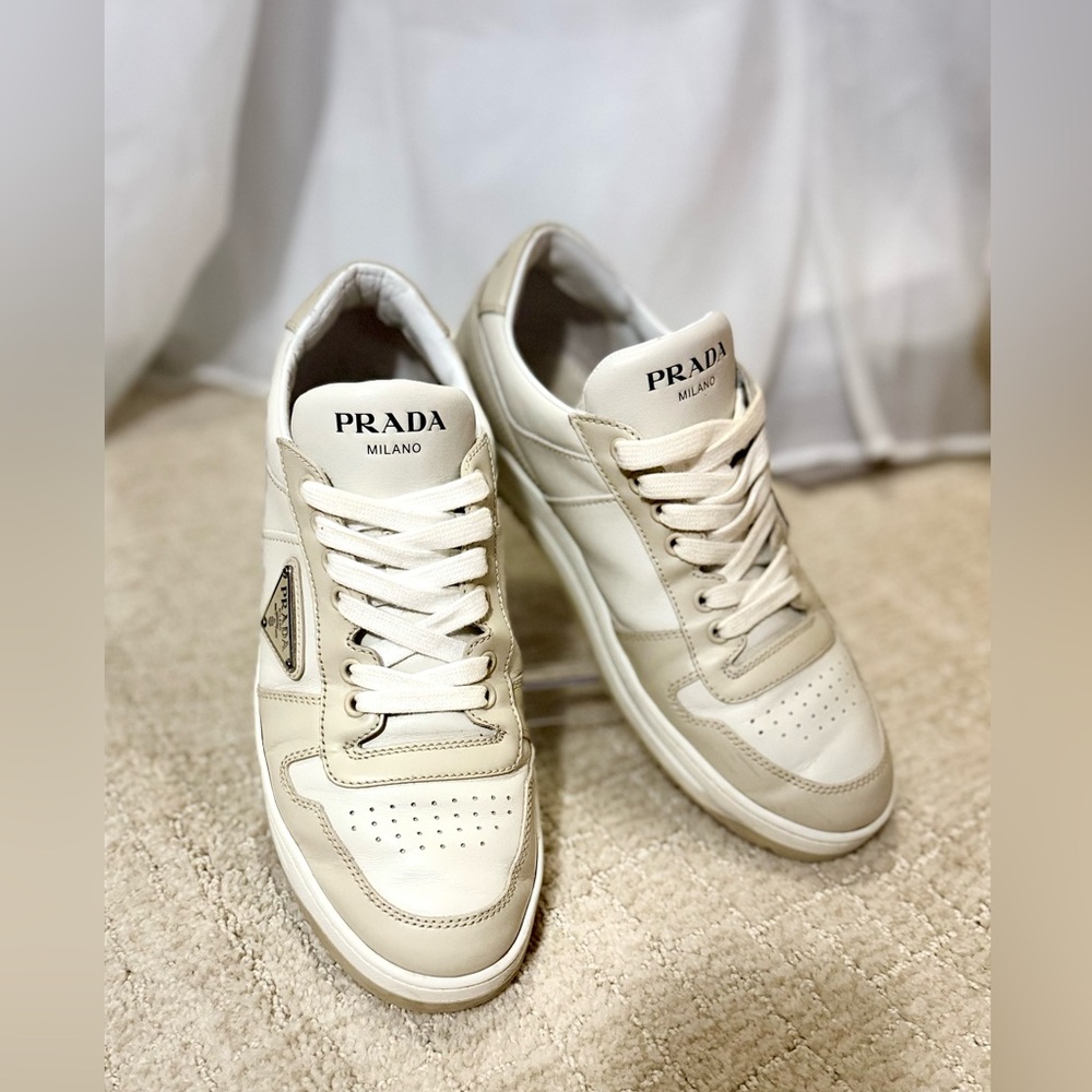 Prada Cream and White Leather Low-Top Sneakers